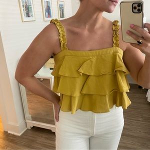 Mustard tiered ruffle cropped tank top